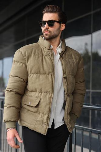 Haki Düğmeli Dik Yaka Erkek Şişme Mont E7435