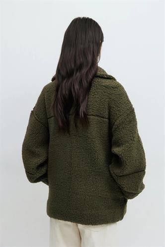 Haki Çift Fermuarlı Kadın Peluş Mont MG2556