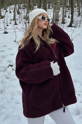 Bordo Dik Yakalı Cepli Peluş Mont MG1966