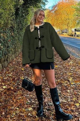 Haki Düğmeli Peluş Kadın Mont Mg2531