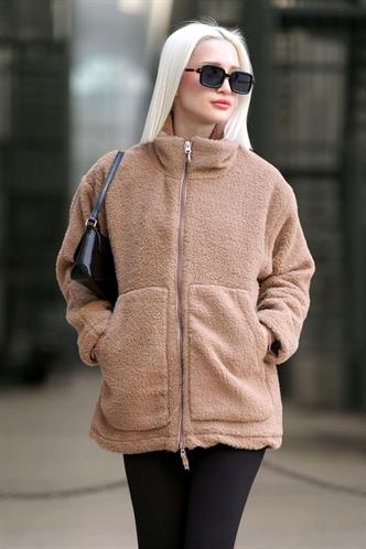 Bej Oversize Fermuarlı Polar Kadın Mont MG2607