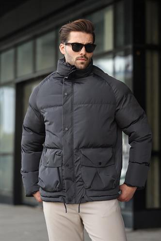 Antrasit Fermuarlı Çıt Kapamalı Şişme Erkek Mont E7436