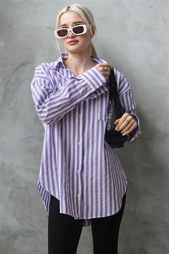 Mor Çizgili Oversize Kadın Gömlek MG1688