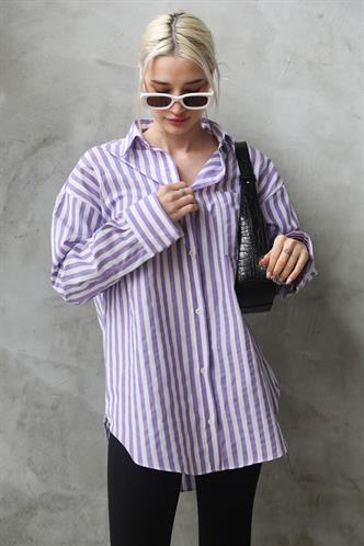 Mor Çizgili Oversize Kadın Gömlek MG1688
