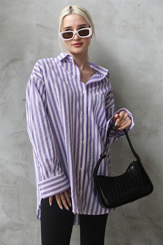 Mor Çizgili Oversize Kadın Gömlek MG1688