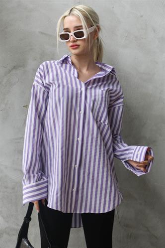 Mor Çizgili Oversize Kadın Gömlek MG1688