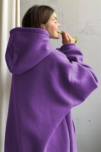 Mor Kapüşonlu Oversize Şardonlu  Sweatshirt MG1566