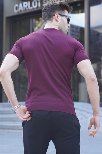 Mürdüm Baklava Desenli Triko Kısa Kollu Tişört 6354