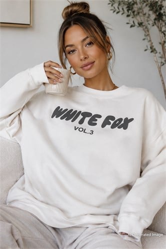 Ekru Bisiklet Yaka Baskılı Sweatshirt MG1904