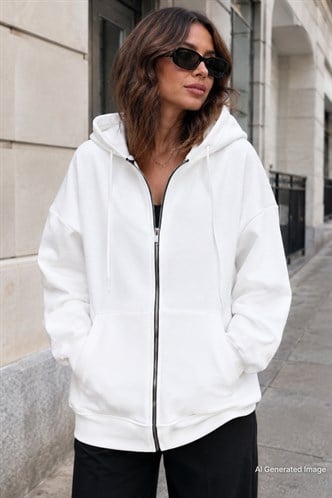 Ekru Kapüşonlu Basic Sweatshirt MG1900