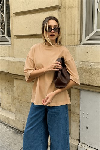 Bej Bisiklet Yaka Basic Oversize T-shirt MG1687