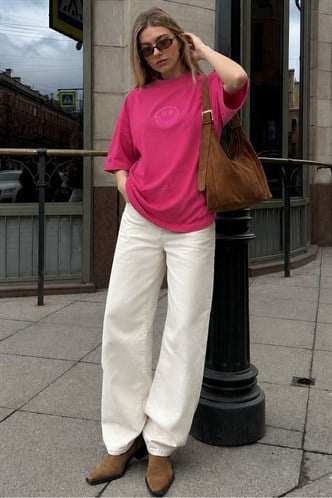 Women Printed Oversize Pink T-Shirt