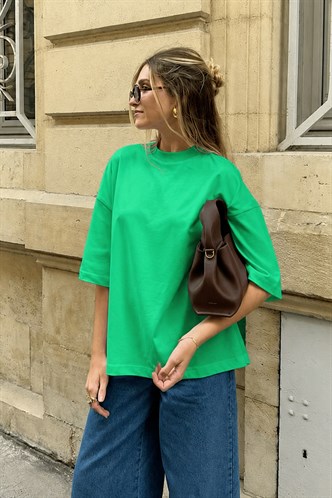 Yeşil Bisiklet Yaka Basic Oversize T-shirt MG1687