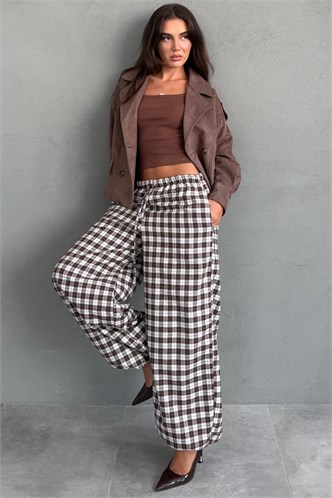 Kahverengi Ekose Desenli Beli Lastikli Balon Pantolon MG2905