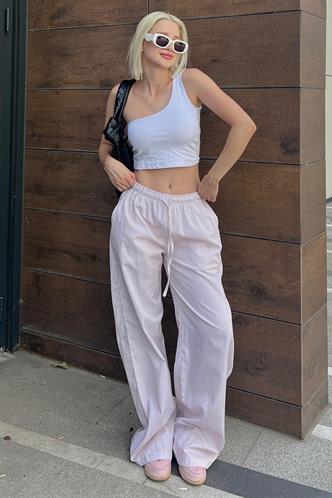 Pembe Beli Ayarlanabilir Bol Paça Dökümlü Çizgili Pantolon MG2087