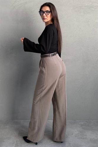Haki Yüksek Bel Pileli Kemerli Geniş Paça Kadın Pantolon MG2615