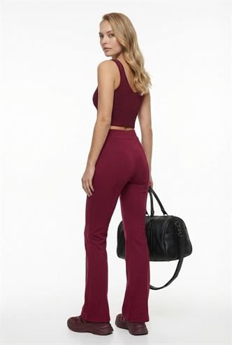 Bordo Yüksek Bel Flare Paça Şık Günlük Kadın Tayt MG2645