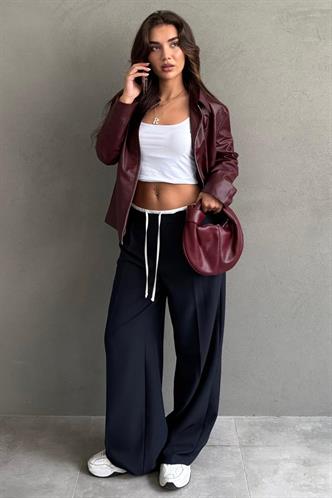Lacivert Çift Bel Bantlı Wide Leg Kadın Pantolon MG2551