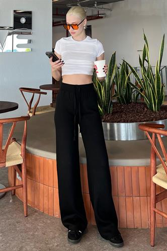 Siyah Beli Ayarlanabilir Geniş Paça Pantolon MG2089