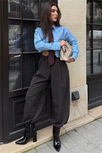 Koyu Kahverengi Pileli Cepli Balon Kadın Pantolon MG2692