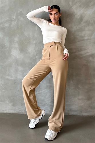 Bej Likralı Cırt Kapamalı Palazzo Pantolon MG2291