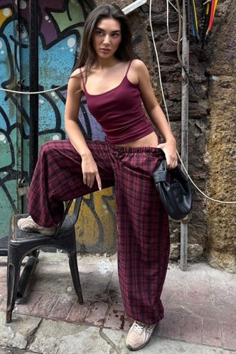 Bordo Ekose Desenli Yüksek Bel Balon Fit Kadın Pantolon MG2726