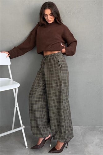 Haki Ekose Desenli Beli Lastikli Balon Pantolon MG2905