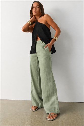 Çağla Yeşili Yüksek Bel Keten Wide Leg Pantolon MG2718