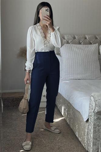 Lacivert Önü Biyeli Yüksek Bel Kadın Pantolon MG2425