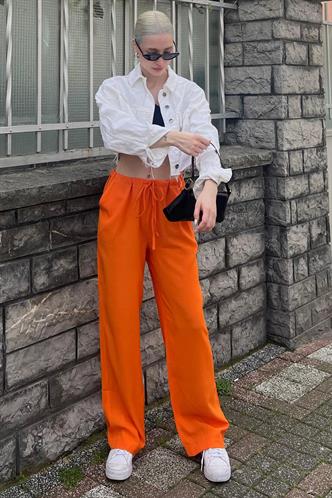 Turuncu Krinkıl Kumaş Basic Kadın Plaj Pantolon MG1778