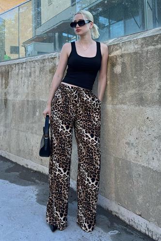 Bej Ayarlanabilir Bel Leopar Desenli Bol Paça Pantolon MG2095
