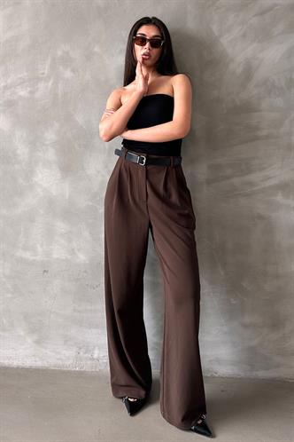 Kahverengi Çift Pileli Kemerli Pantolon Mg2330
