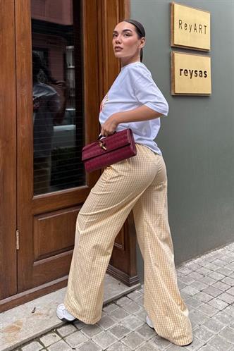 Sarı Pötikareli Bol Paça Kadın Pantolon Mg2335