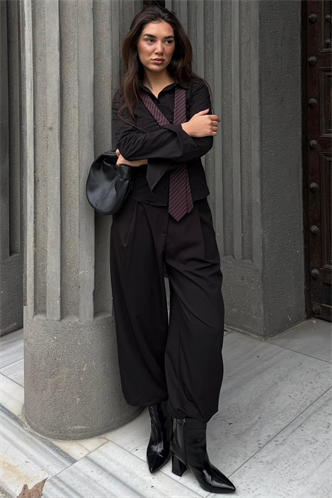 Siyah Pileli Cepli Balon Kadın Pantolon MG2692