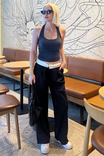 Siyah Yüksek Bel Rahat Kesim Bol Paça Pantolon MG2120