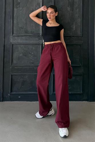 Bordo Beli Büzgülü Wide Leg Kumaş Pantolon MG1950