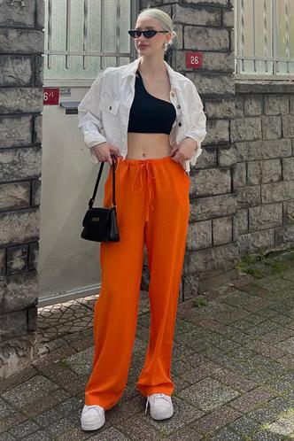 Turuncu Krinkıl Kumaş Basic Kadın Plaj Pantolon MG1778