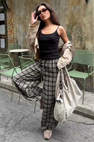 Bej Ekose Desenli Yüksek Bel Balon Fit Kadın Pantolon MG2726