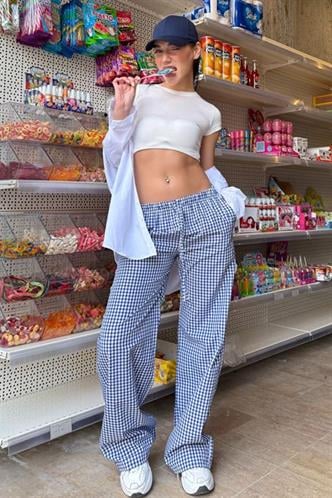 Lacivert Pötikareli Bol Paça Kadın Pantolon Mg2335