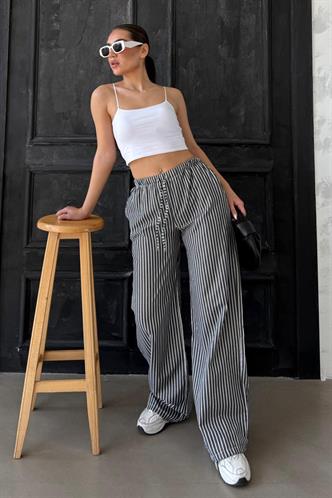 Siyah Beli Ayarlanabilir Çizgili Cepli Bol Paça Kadın Pantolon Mg2312