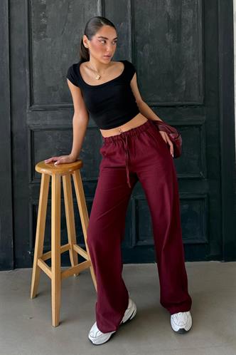 Bordo Beli Büzgülü Wide Leg Kumaş Pantolon MG1950