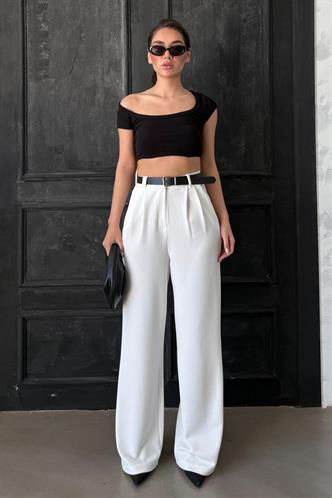 Beyaz Çift Pileli Kemerli Pantolon Mg2330