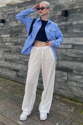 Beyaz Krinkıl Kumaş Basic Kadın Plaj Pantolon MG1778