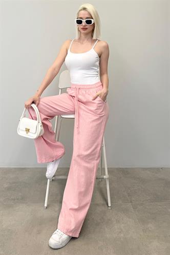 Pembe Beli Büzgülü Bol Paça Kadın Pantolon MG2011