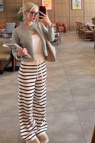 Ekru Çizgili Kadın Triko Pantolon Mg2342