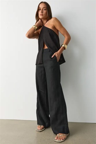 Siyah Yüksek Bel Keten Wide Leg Pantolon MG2718