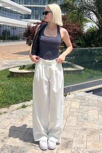 Beyaz Yüksek Bel Rahat Kesim Bol Paça Pantolon MG2120