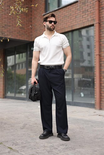 Lacivert Pilili Relaxed Fit Pantolon E6588