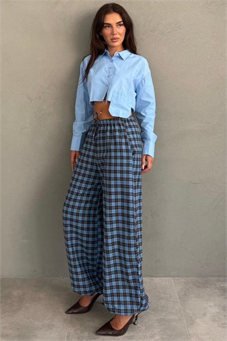 Mavi Ekose Desenli Beli Lastikli Balon Pantolon MG2905