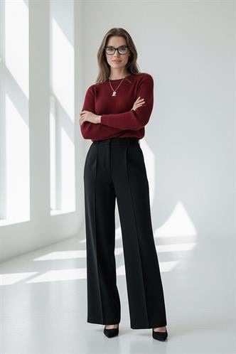 Siyah Yüksek Bel Pileli Kemerli Geniş Paça Kadın Pantolon MG2615